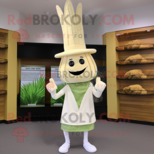 Cream Asparagus mascot costume character dressed with a Long Sleeve Tee and Hat pins
