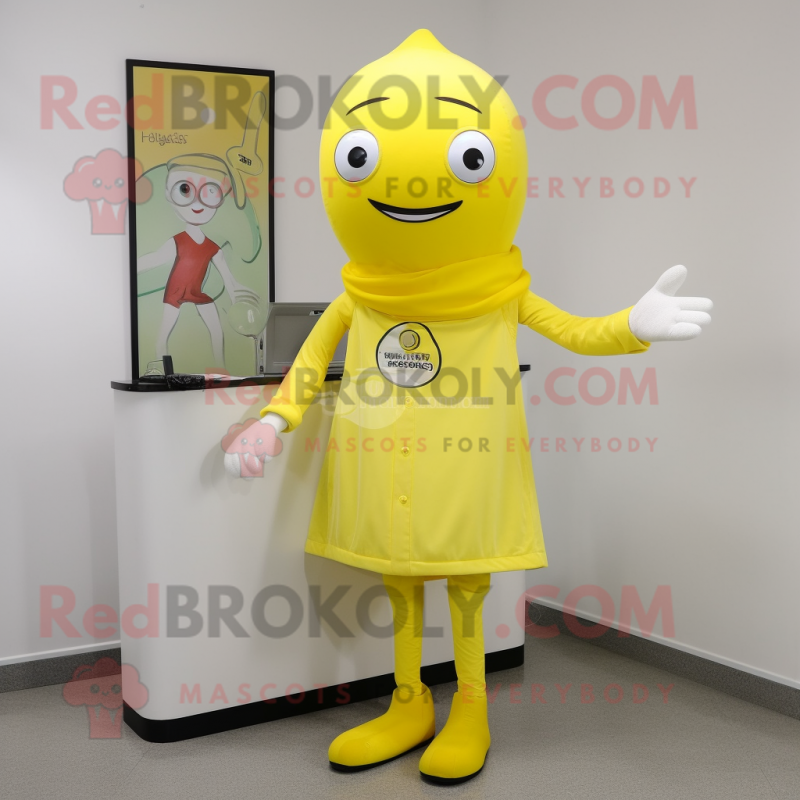 Lemon Yellow Doctor mascot costume character dressed with a Sheath Dress and Wraps