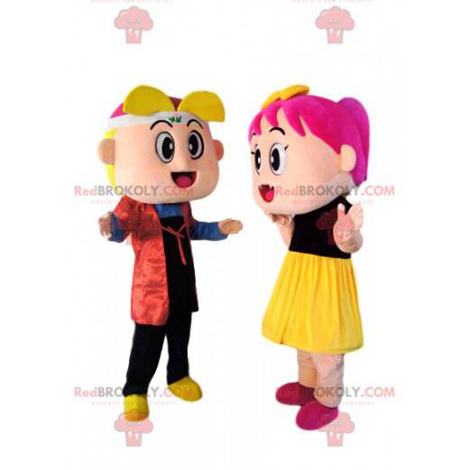 Dupla de mascote de garotinha e garotinho super divertida -