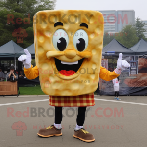 Gold Grilled Cheese Sandwich mascot costume character dressed with a Flannel Shirt and Shoe clips