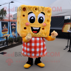 Gold Grilled Cheese Sandwich mascot costume character dressed with a Flannel Shirt and Shoe clips