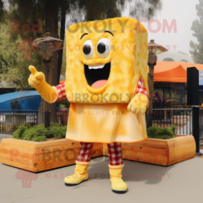Gold Grilled Cheese Sandwich mascot costume character dressed with a Flannel Shirt and Shoe clips