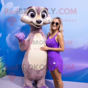 Lavender Meerkat mascot costume character dressed with a Bikini and Hairpins
