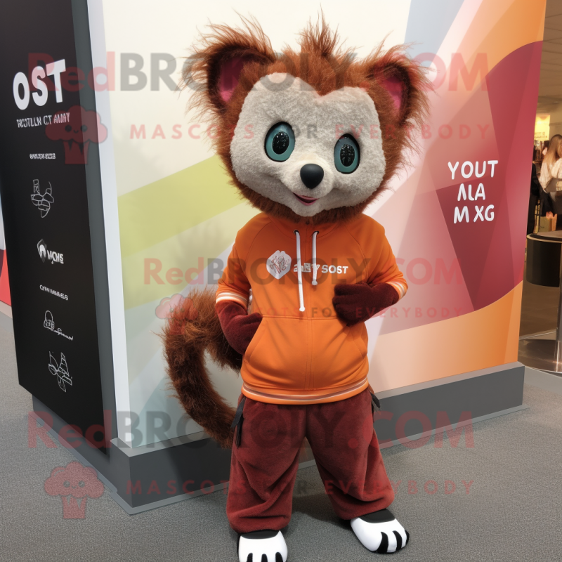 Rust Aye-Aye mascot costume character dressed with a Yoga Pants and Shoe laces Rust Aye-Aye mascot costume character dressed with a Yoga Pants and Shoe laces