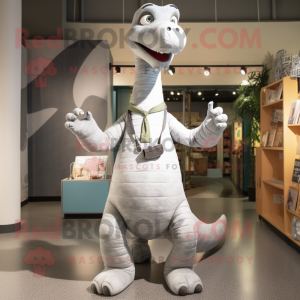 Silver Brachiosaurus mascot costume character dressed with a Henley Shirt and Suspenders