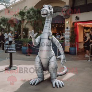 Silver Brachiosaurus mascot costume character dressed with a Henley Shirt and Suspenders