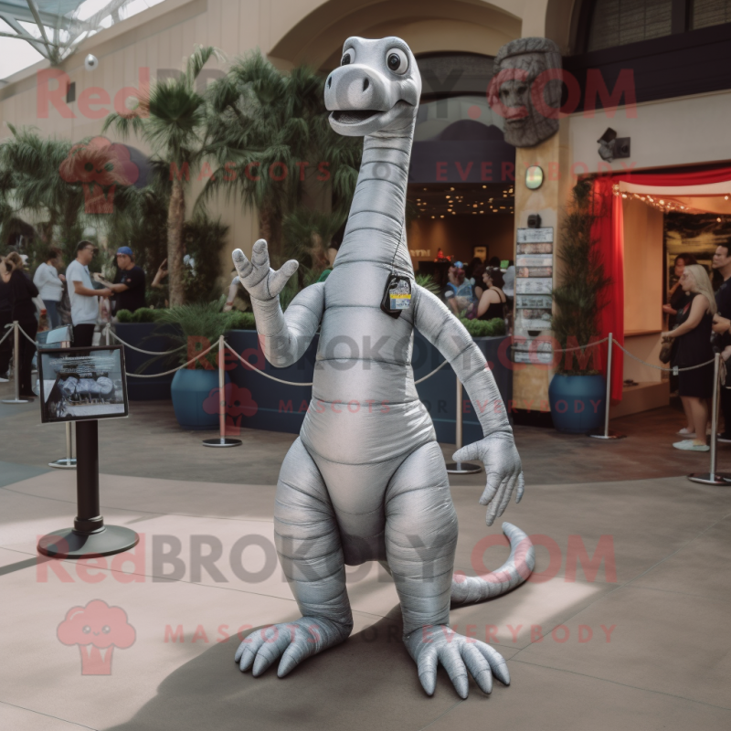 Silver Brachiosaurus mascot costume character dressed with a Henley Shirt and Suspenders Silver Brachiosaurus mascot costume character dressed with a Henley Shirt and Suspenders