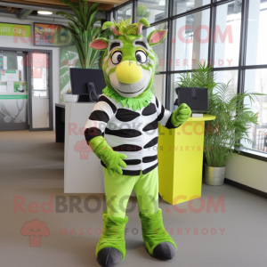 Lime Green Zebra mascot costume character dressed with a Dress Shirt and Wraps