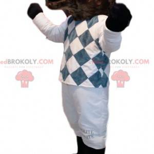 Mascotte de cheval marron en tenue de jockey blanche et bleue -