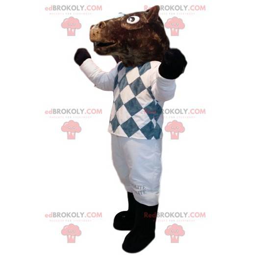 Bruin paard mascotte in wit en blauw jockey-outfit -