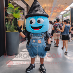 Black Ice Cream Cone mascot costume character dressed with a Denim Shorts and Suspenders