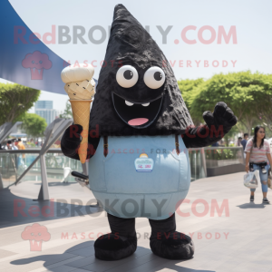 Black Ice Cream Cone mascot costume character dressed with a Denim Shorts and Suspenders