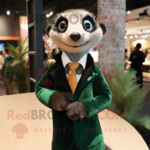 Forest Green Meerkat mascot costume character dressed with a Tuxedo and Tie pins