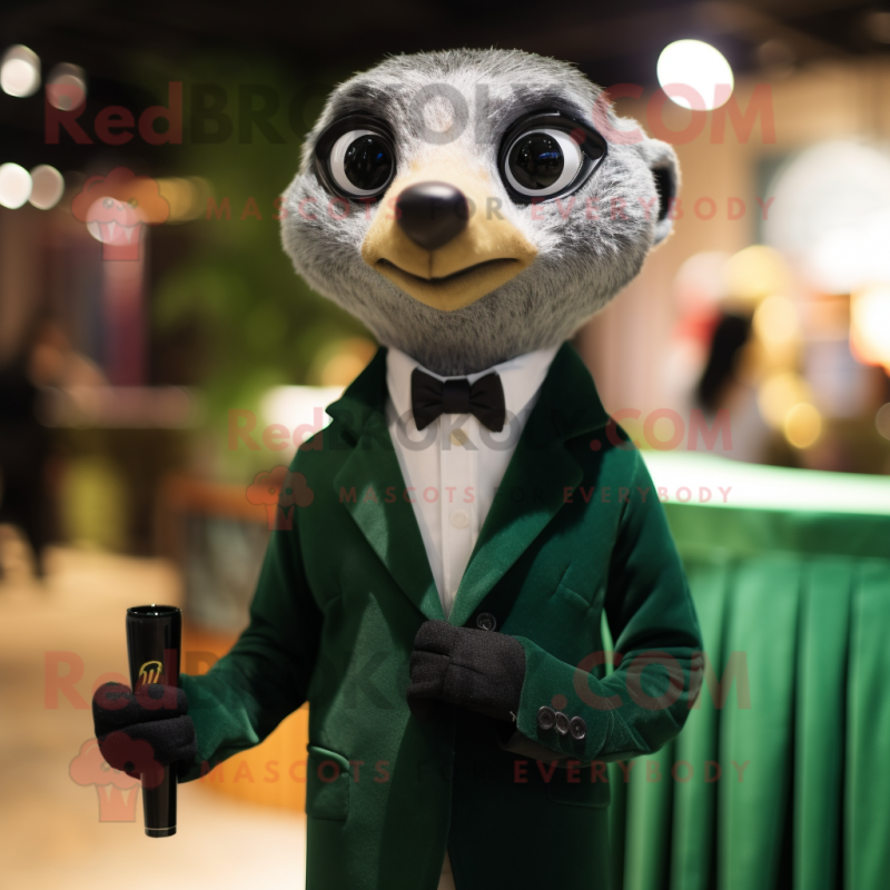 Forest Green Meerkat mascot costume character dressed with a Tuxedo and Tie pins
