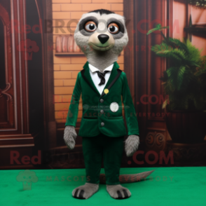 Forest Green Meerkat mascot costume character dressed with a Tuxedo and Tie pins