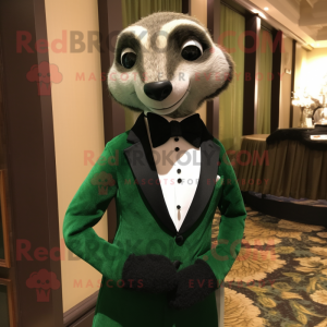 Forest Green Meerkat mascot costume character dressed with a Tuxedo and Tie pins