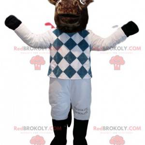Brun hestemaskot i hvid og blå jockey-outfit - Redbrokoly.com