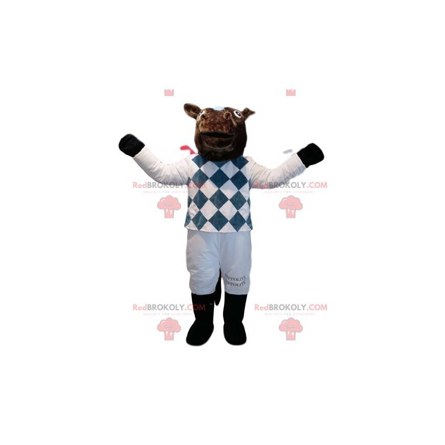 Hnědý kůň maskot v bílé a modré žokejové oblečení - Hnědý kůň maskot v bílé a modré žokejové oblečení -