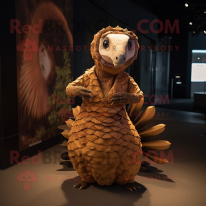 Rust Pangolin mascot costume character dressed with a Evening Gown and Headbands