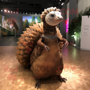 Rust Pangolin mascot costume character dressed with a Evening Gown and Headbands