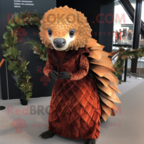 Rust Pangolin mascot costume character dressed with a Evening Gown and Headbands