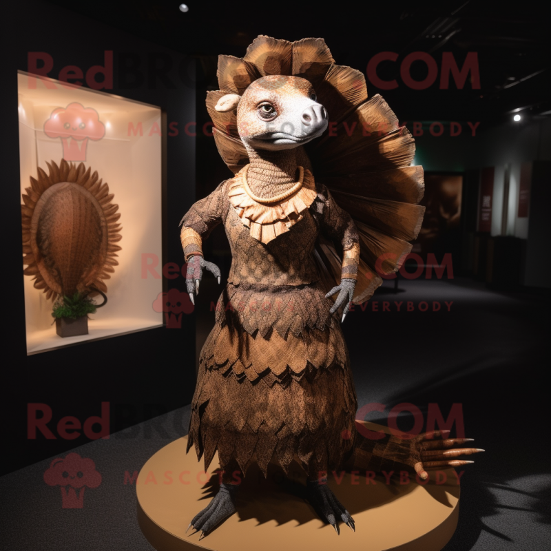 Rust Pangolin mascot costume character dressed with a Evening Gown and Headbands