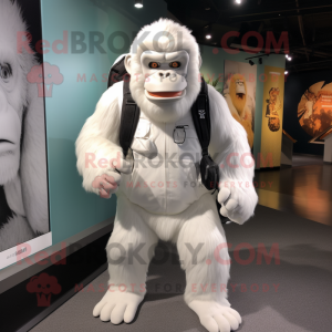 White Gorilla mascot costume character dressed with a Romper and Backpacks