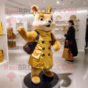 Gold Squirrel mascot costume character dressed with a A-Line Dress and Messenger bags