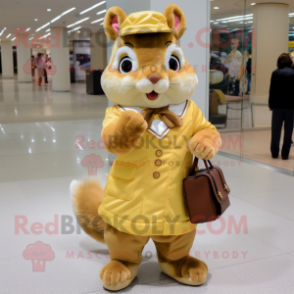 Gold Squirrel mascot costume character dressed with a A-Line Dress and Messenger bags