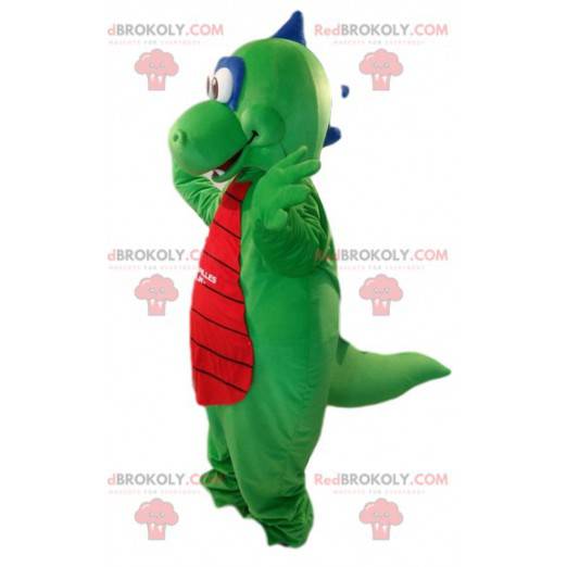 Mascota dragón verde y rojo muy sonriente. Traje de dragón -