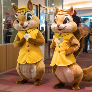 Gold Squirrel mascot costume character dressed with a A-Line Dress and Messenger bags