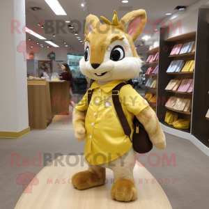 Gold Squirrel mascot costume character dressed with a A-Line Dress and Messenger bags