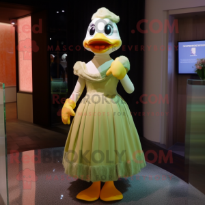 Olive Duck mascot costume character dressed with a Evening Gown and Hair clips