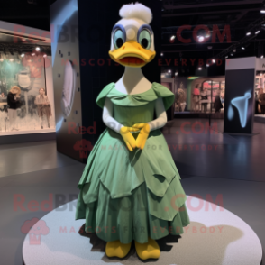 Olive Duck mascot costume character dressed with a Evening Gown and Hair clips