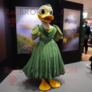 Olive Duck mascot costume character dressed with a Evening Gown and Hair clips