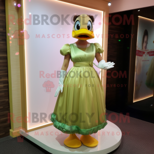 Olive Duck mascot costume character dressed with a Evening Gown and Hair clips