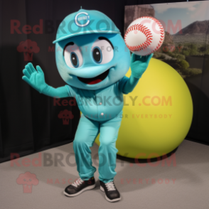 Turquoise Baseball Ball mascot costume character dressed with a Yoga Pants and Gloves