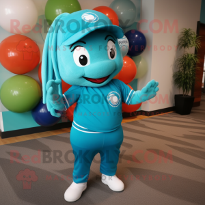Turquoise Baseball Ball mascot costume character dressed with a Yoga Pants and Gloves