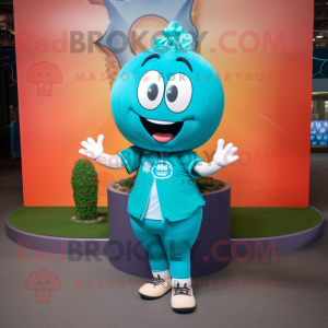 Turquoise Baseball Ball mascot costume character dressed with a Yoga Pants and Gloves