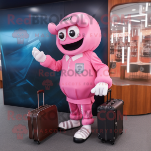 Pink American Football Helmet mascot costume character dressed with a Coat and Briefcases