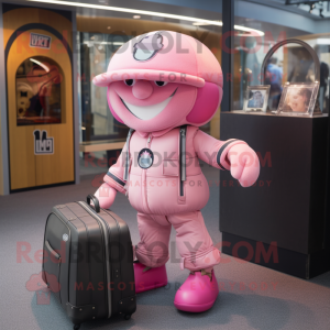 Pink American Football Helmet mascot costume character dressed with a Coat and Briefcases