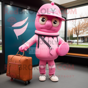 Pink American Football Helmet mascot costume character dressed with a Coat and Briefcases