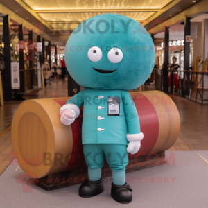 Teal Human Cannon Ball mascot costume character dressed with a Trousers and Watches