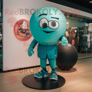 Teal Human Cannon Ball mascot costume character dressed with a Trousers and Watches