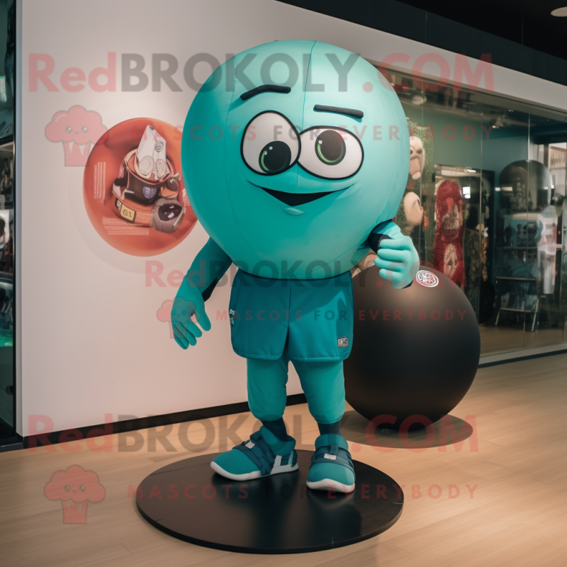 Teal Human Cannon Ball mascot costume character dressed with a Trousers and Watches Teal Human Cannon Ball mascot costume character dressed with a Trousers and Watches