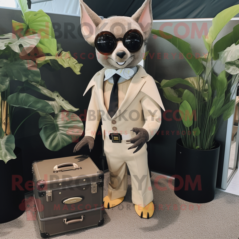 Tan Fruit Bat mascot costume character dressed with a Suit and Briefcases Tan Fruit Bat mascot costume character dressed with a Suit and Briefcases
