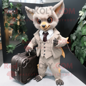 Tan Fruit Bat mascot costume character dressed with a Suit and Briefcases