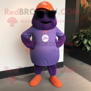 Purple Tikka Masala mascot costume character dressed with a Shorts and Sunglasses