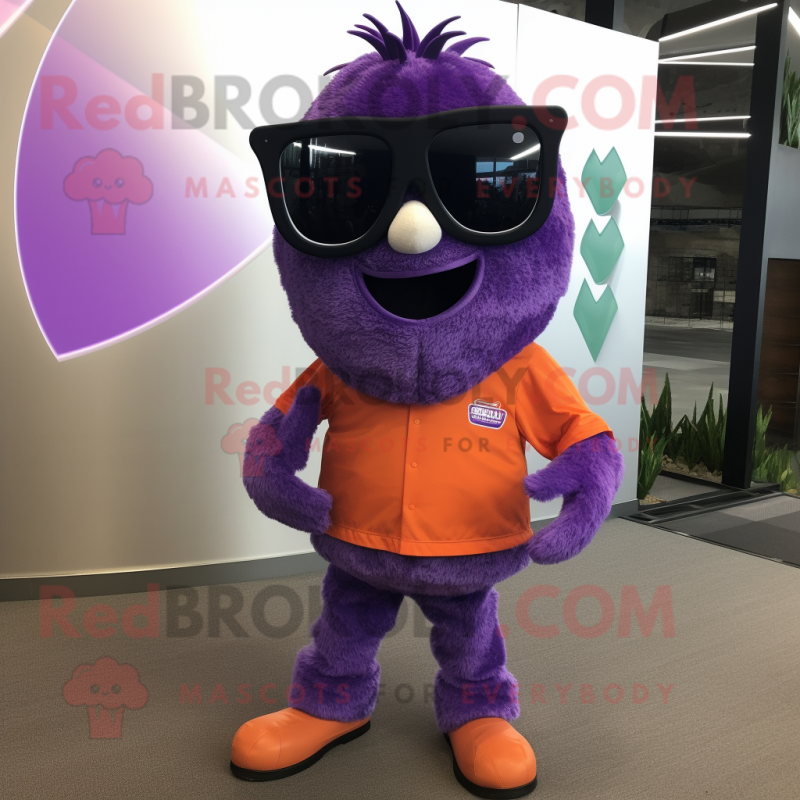 Purple Tikka Masala mascot costume character dressed with a Shorts and Sunglasses Purple Tikka Masala mascot costume character dressed with a Shorts and Sunglasses