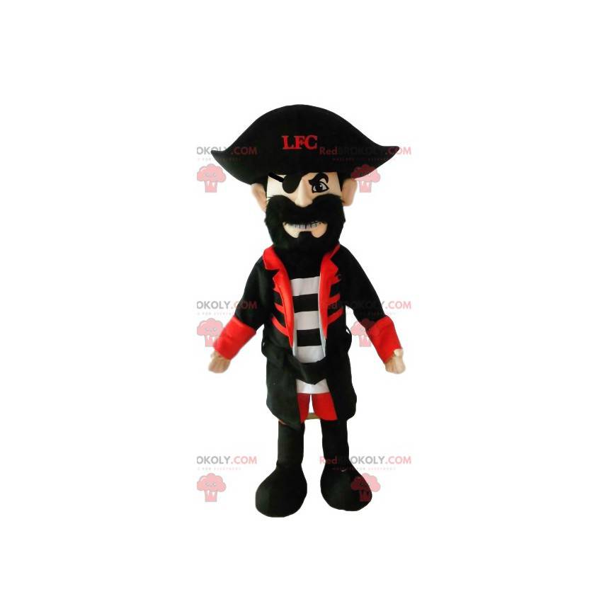 Piratenmaskottchen mit einem schönen schwarzen Kostüm. -